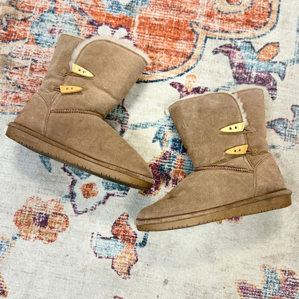 Bearpaw Abigail Womens 9 Hickory Suede Sheepskin Wool Blend Toggle Winter‎ Boots